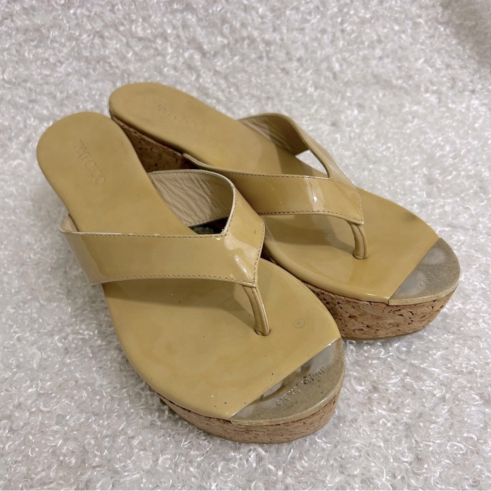 Jimmy Choo Womans Size 39 Patent Leather Cork Wedges Shoes